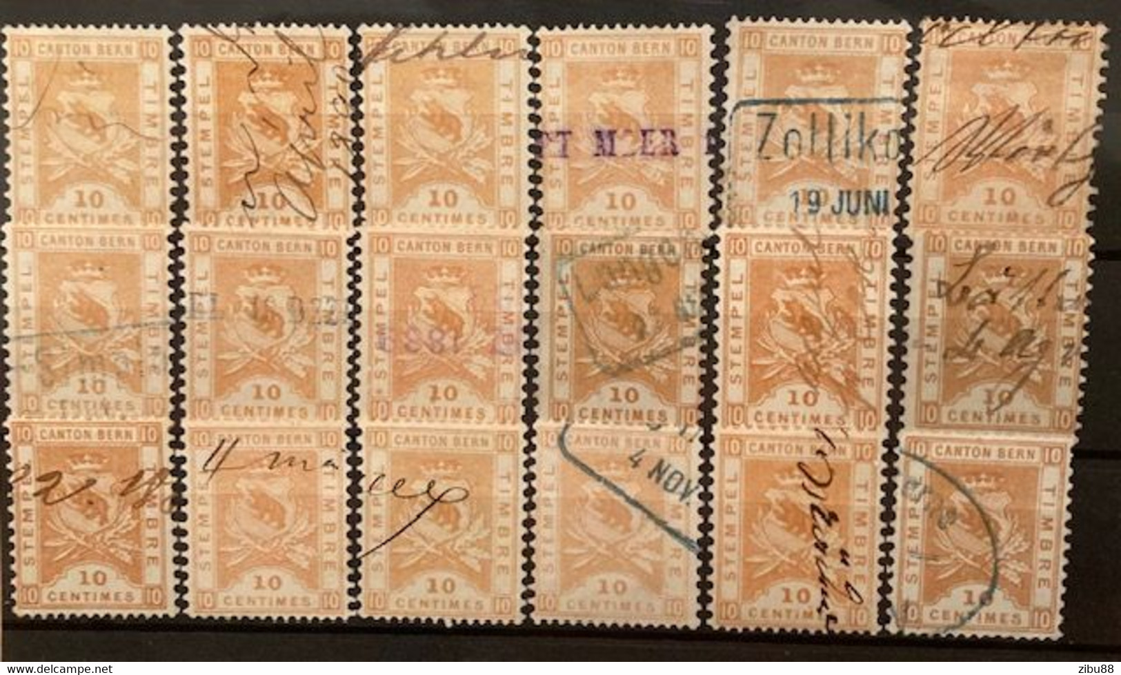 Fiskalmarken / Revenue Stamp Switzerland - Kanton Bern Steckkarte Stempelmarken 10 Centimes - Revenue Stamps