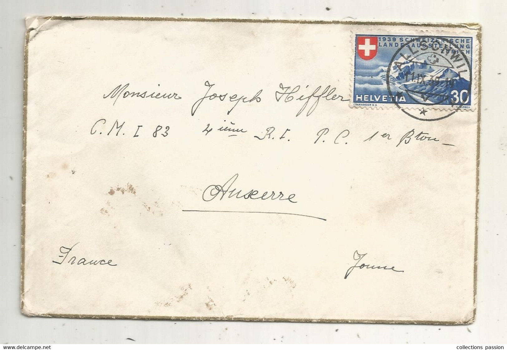 LETTRE, Suisse , ALLSCHWIL ,1939 , AUXERRE ,YONNE - Marcophilie