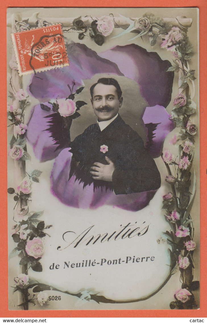 D37 - AMITIÉS DE NEUILLÉ PONT PIERRE - Carte Fantaisie Colorisée - Homme Au Centre D'une Fleur-Carte Entourée De Fleurs - Neuillé-Pont-Pierre