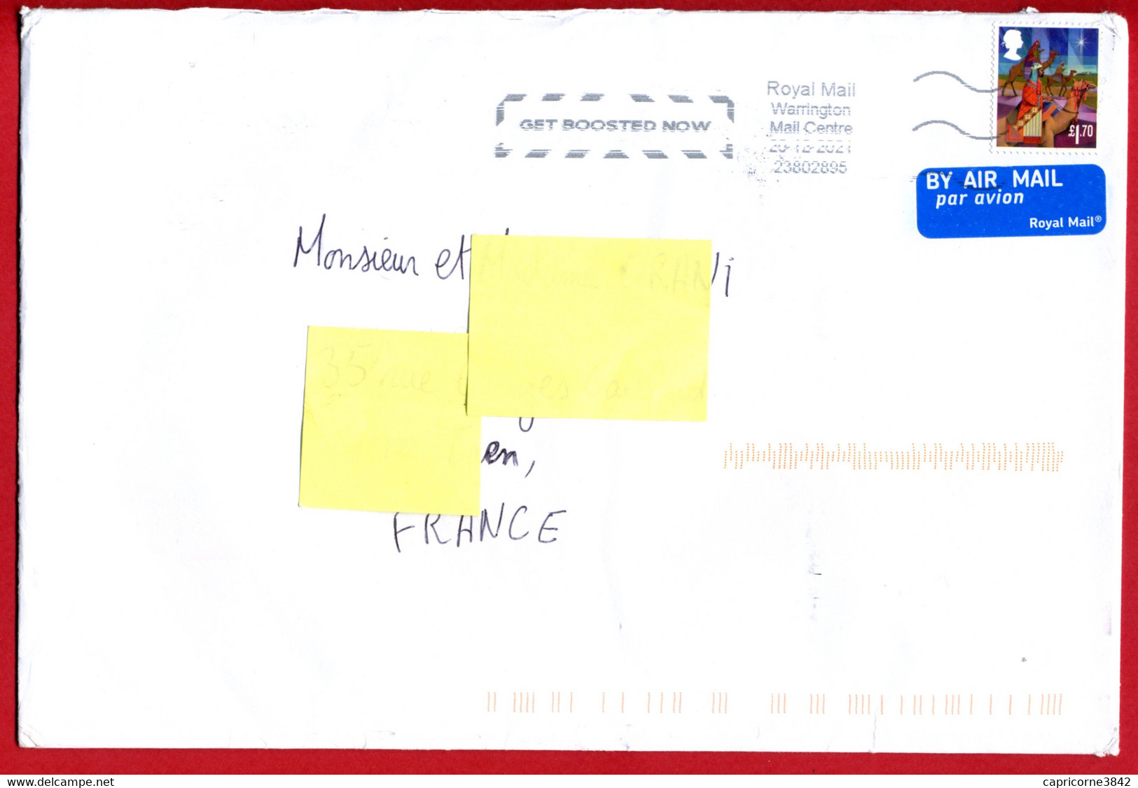 2021 - Lettre De Warrington Pour La France - Oblitération "GET BOOSTED NOW" - Tp Noël - Christmas - Postmark Collection