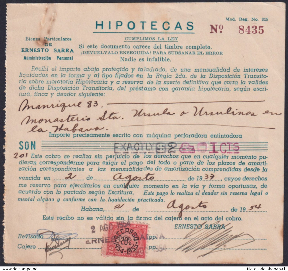 REP-519 CUBA REPUBLICA 1954 HIPOTECAS SARRA DRUG STORE DOC + TIMBRE STAMPS. - Timbres-taxe