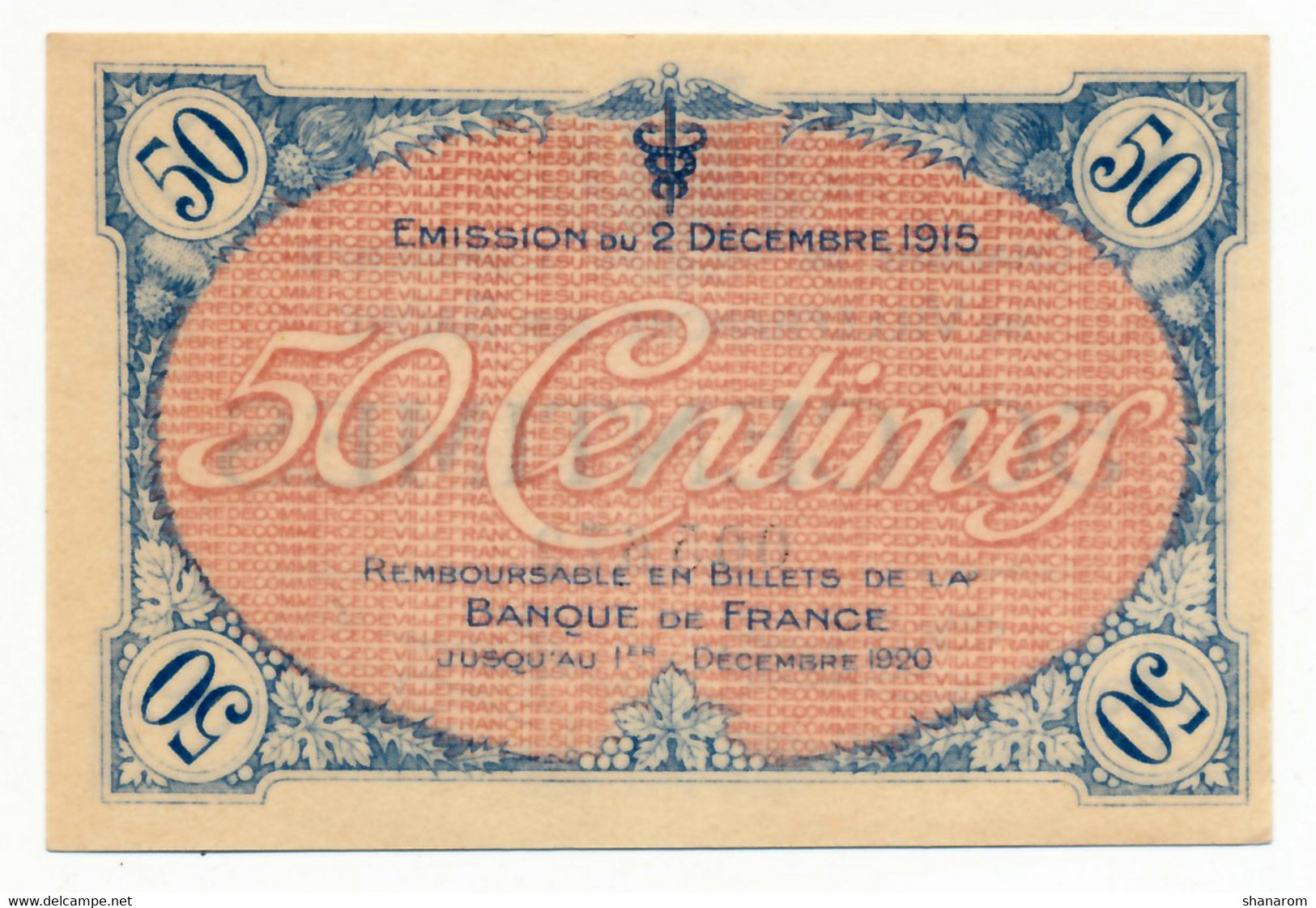 C.D.C. // VILLEFRANCHE Sur SAÔNE (69) // Décembre 1915 // Cinquante Centimes // Sans Filigrane // SPL - Chambre De Commerce