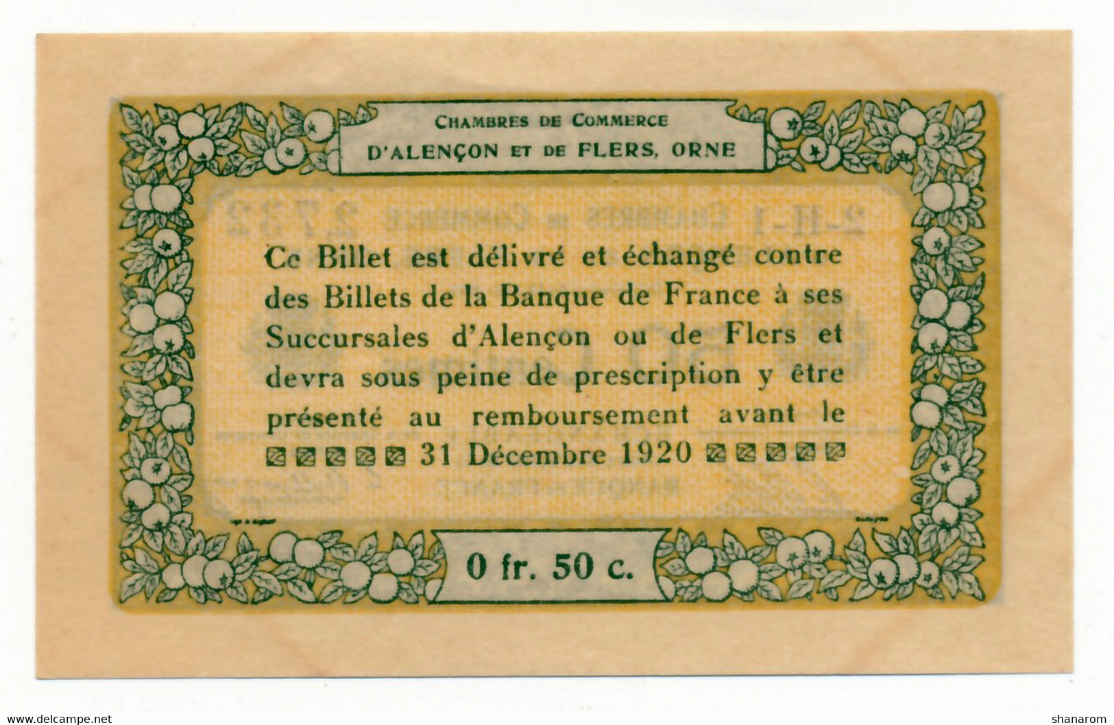 C.D.C. // ALENCON & FLERS (Orne 61) // Août 1915 // Cinquante Centimes // Série 2H1 // Sans Filigrane // SPL - Chambre De Commerce