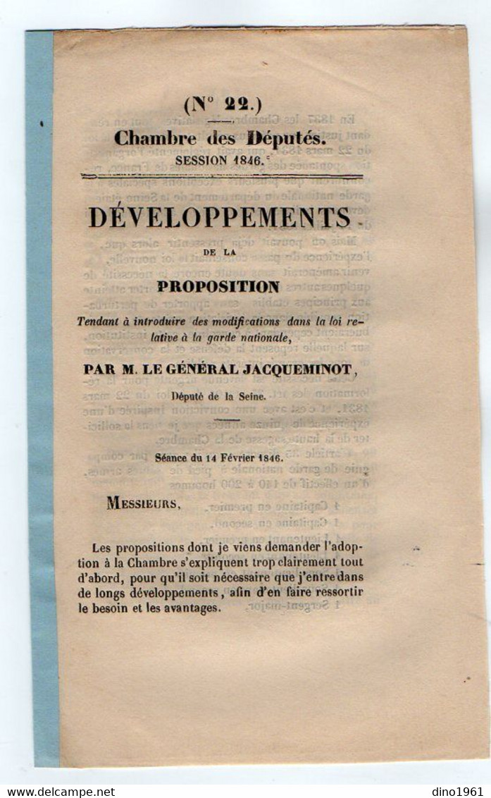 VP20.607 - PARIS 1846 - Chambre Des Députés - Loi Relative à La Garde National Par Mr Le Général JACQUEMINOT - Decreti & Leggi