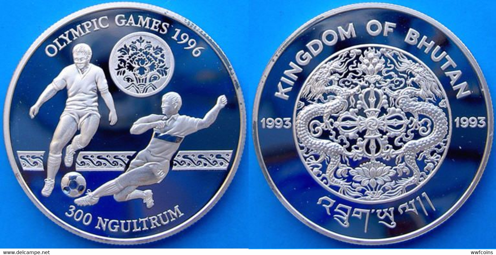 BHUTAN 300 N 1994 ARGENTO PROOF SILVER FOOTBALL OLYMPICS GAMES 96 PESO 31,47g. TITOLO 0,925 CONSERVAZIONE FONDO SPECCHIO - Butan