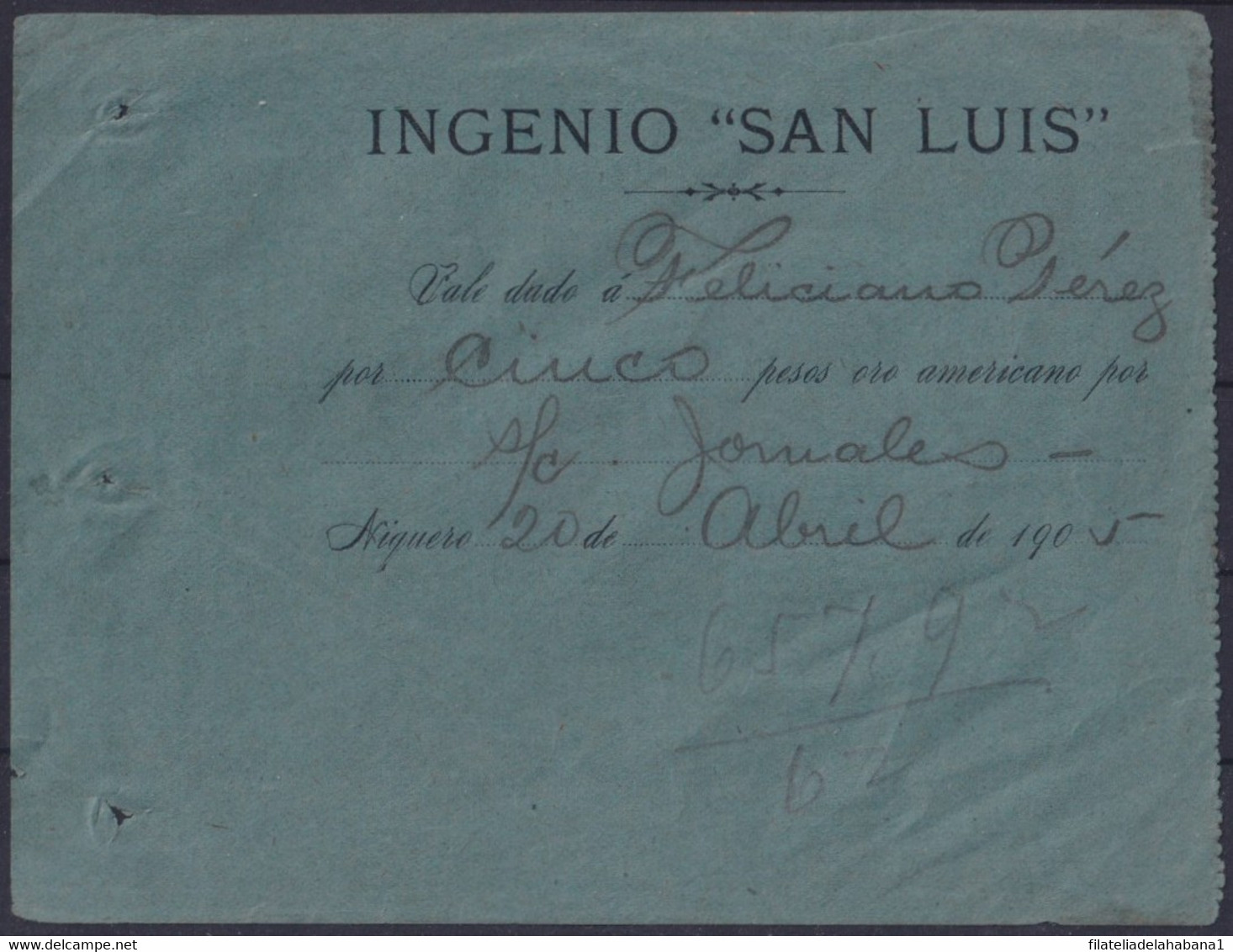 TK-351 CUBA 1905 SUGAR MILLS SAN LUIS PAPER TOKEN. - Mezclas - Billetes