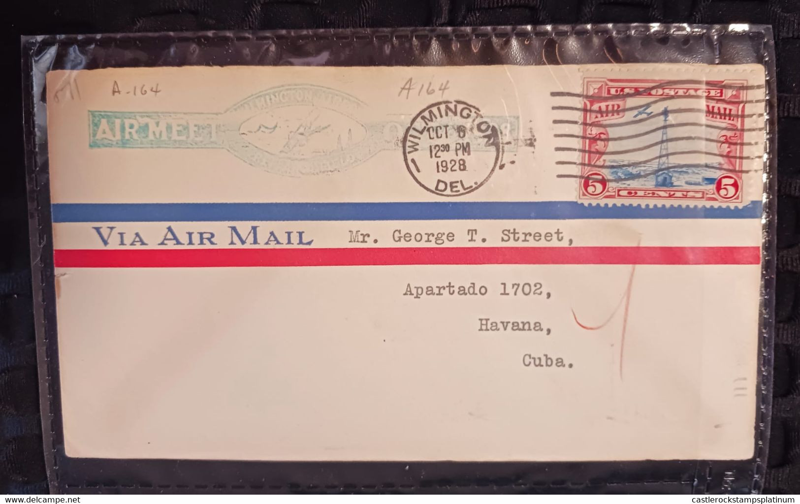 M) 1928, UNITED STATES, VIA AIR MAIL, 5C, TO CUBA, WITH CANCELLATION. - Wilmington