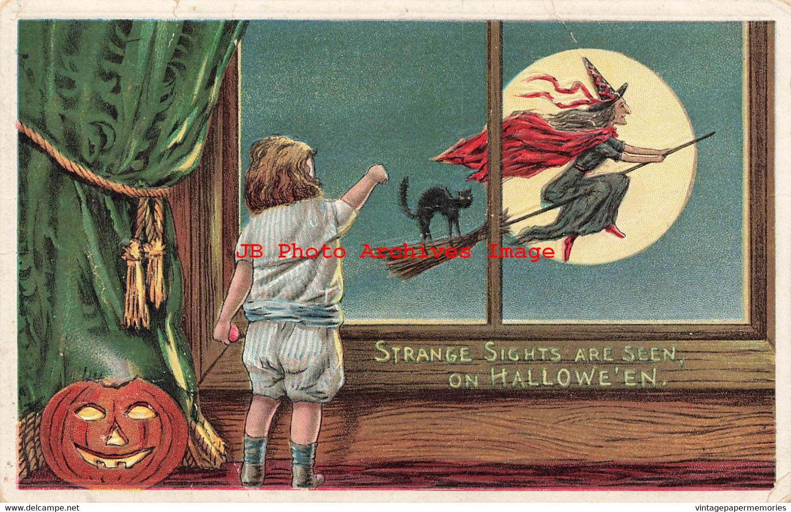 344645-Halloween, Anglo-American No 876/5, Child Waving At Witch & Black Cat On Broom - Halloween