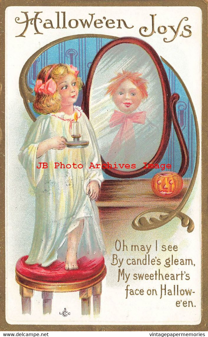 344695-Halloween, Stecher No 226 A, Girl Holding Candle Sees Bonny Boy In Mirror - Halloween