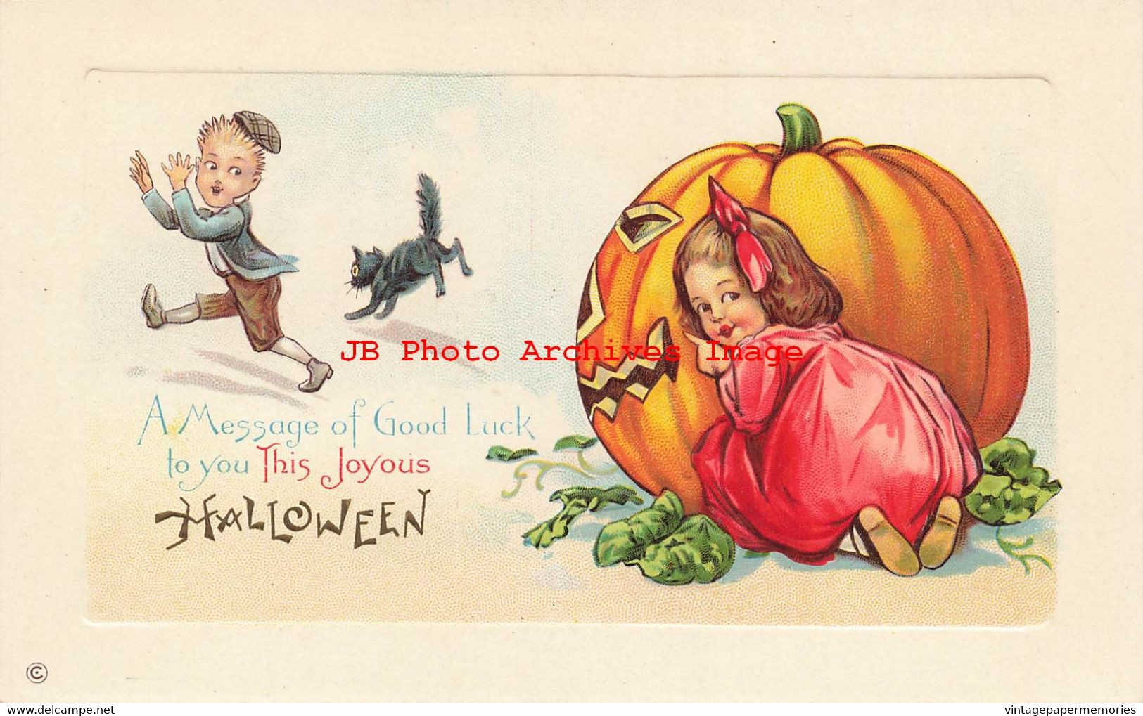 344709-Halloween, Stecher No 339 F, Girl Behind Large JOL Scaring Boy & Black Cat - Halloween