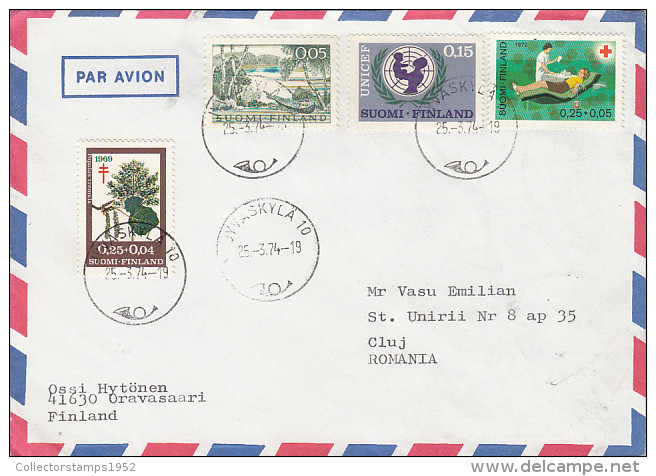 24157- ASPEN TREE, LANDSCAPE, BOAT, UNICEF, RED CROSS, STAMPS ON COVER, 1974, FINLAND - Covers & Documents