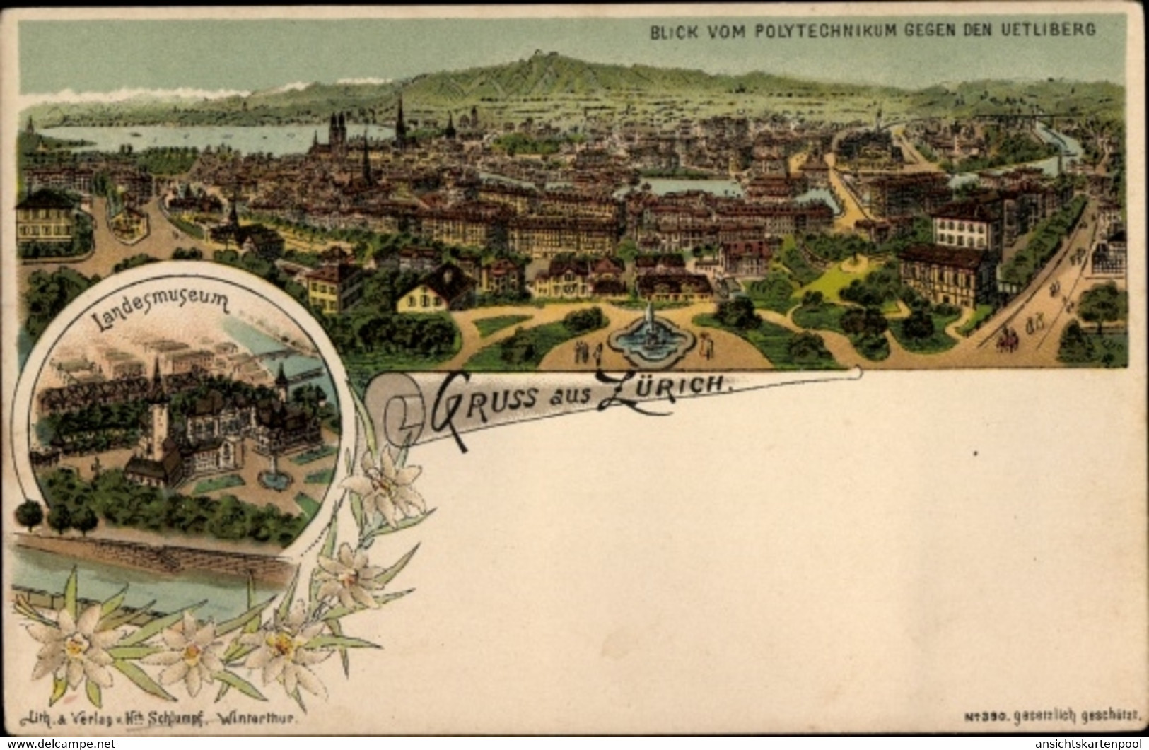 Lithographie Zürich Stadt Schweiz, Edelweiß, Blick Vom Polytechnikum Gegen Den Uetliberg, Landesmeuseum - Zürich