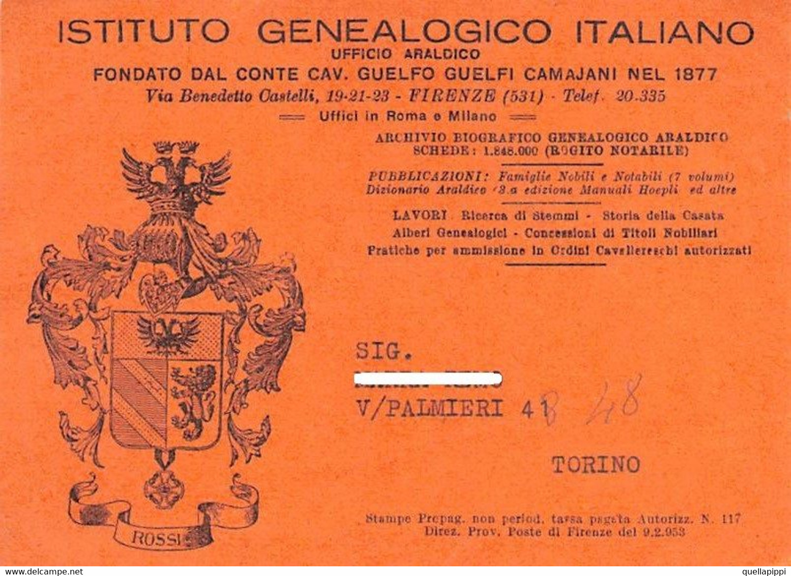 014449 "FIRENZE-ISTITUTO GENEALOGICO ITALIANO-FONDATO DAL CONTE CAV. GUELFO GUELFI CAMAJANI NEL 1877" PUBBL. - Pubblicitari