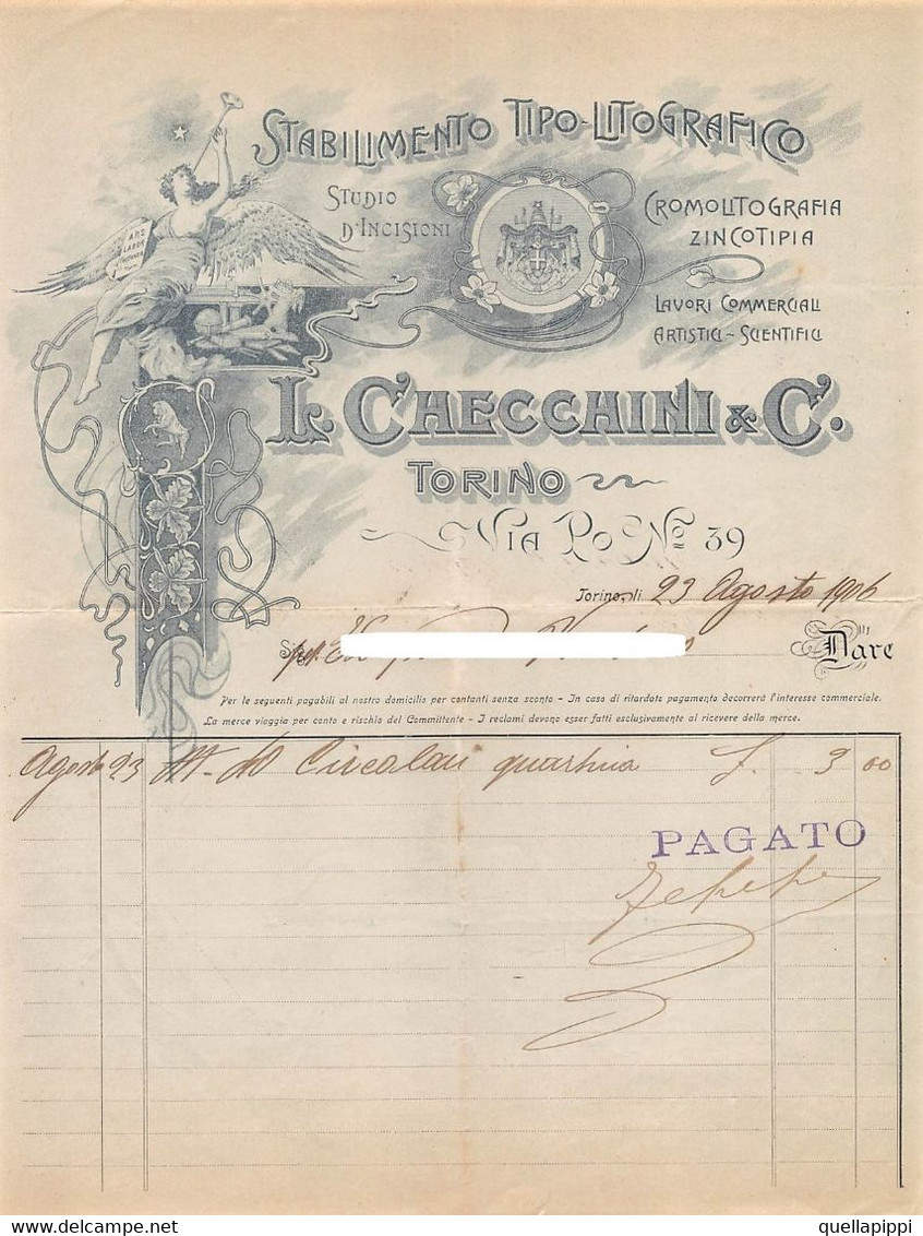 014450 "TORINO - L. CHECCHINI & C. - STABILIMENTO TIPO-LITOGRAFICO-INCISIONI-CROMOLITOGRAFIA-ZINCOTIPIA" 1906 DOC. COMM. - Pubblicitari