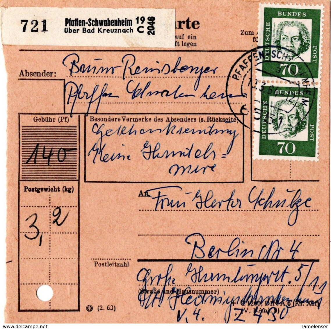 54888 - Bund - 1964 - 2@70Pfg Beethoven A Paketkte PFAFFEN-SCHWABENHEIM -> Ost-Berlin - Musica
