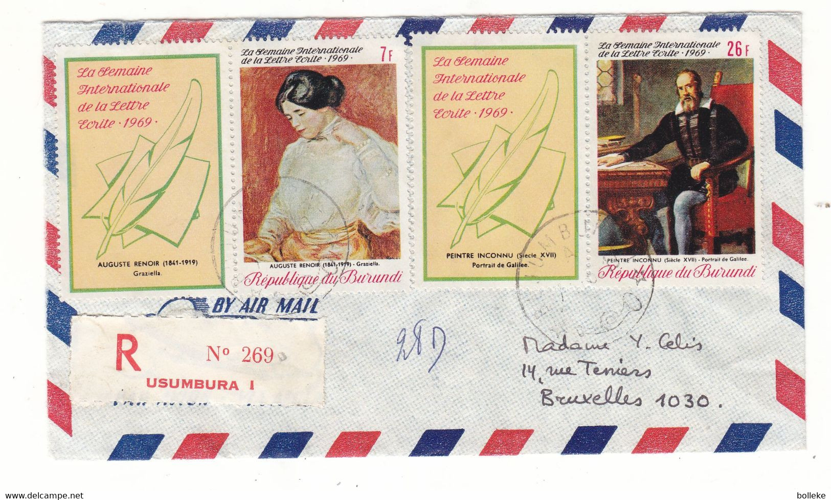 Burundi - Lettre Recom De 1969 - Oblit Usumbura - Plume - Timbre Avec Vignettes - Rare - Storia Postale