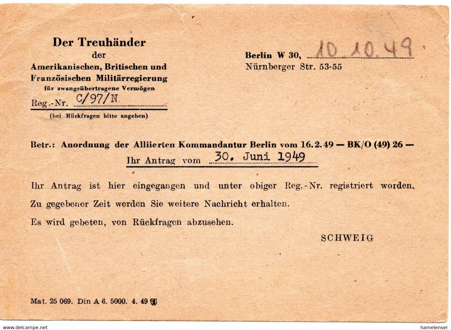 54909 - Berlin - 1949 - 10Pfg Gruenaufdruck EF A DrucksKte "Treuhaender Fuer Zwangsuebertragene Vermoegen" BERLIN -> F - Covers & Documents