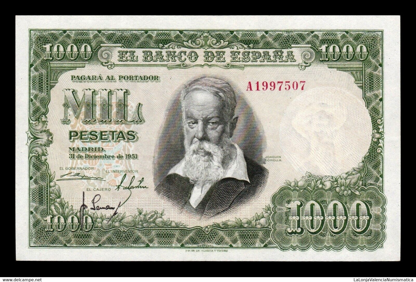 España Spain 1000 Pesetas Joaquín Sorolla 1951 Pick 143 Serie A SC UNC - 1000 Peseten