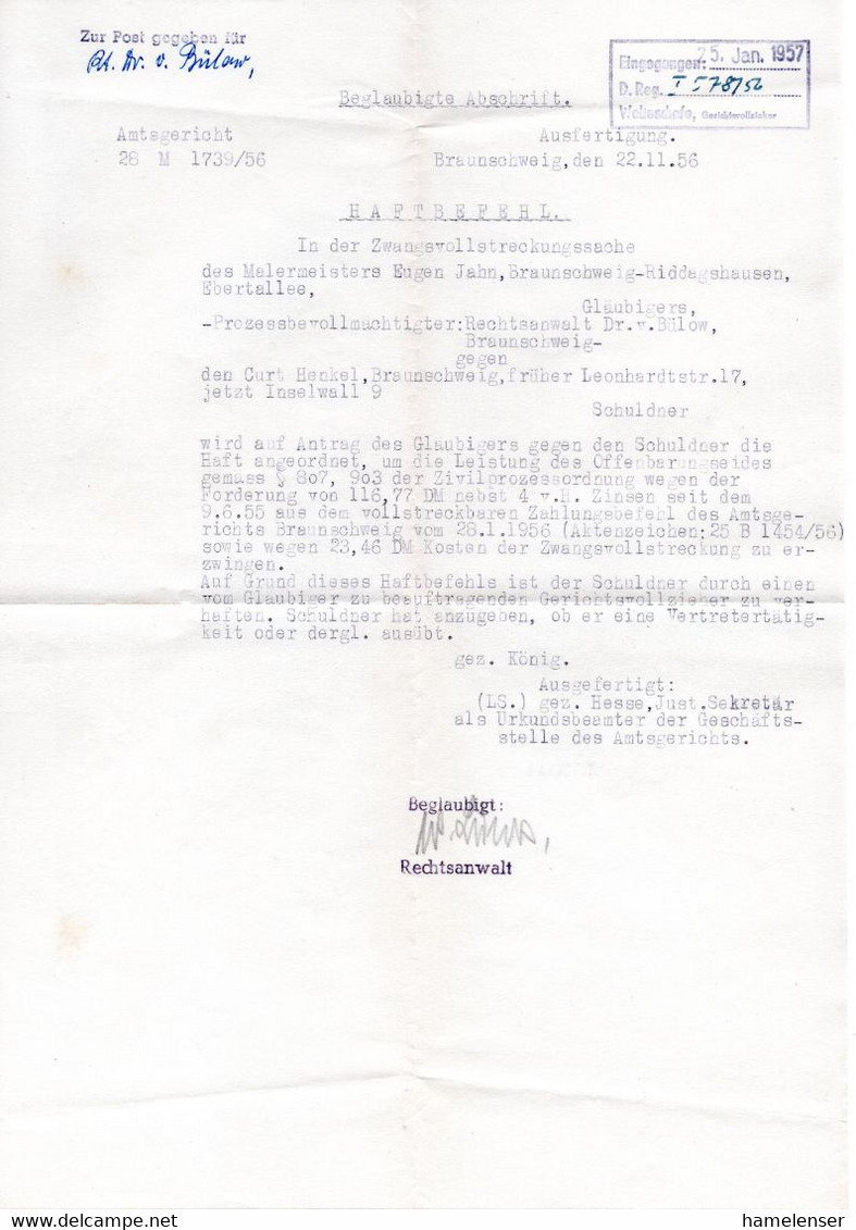 54915 - Bund - 1957 - 60Pfg Heuss I MiF A ZU-OrtsBf BRAUNSCHWEIG Incl. Haftbefehl Fuer Erzwingungshaft - Lettres & Documents