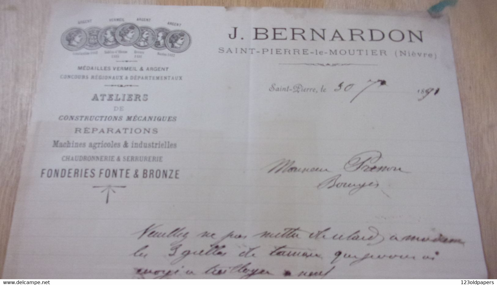 58 NIEVRE 1891 SAINT PIERRE LE MOUTIER J BERNARDON FONDERIE CONSTRUCTIONS MECANIQUES - 1800 – 1899