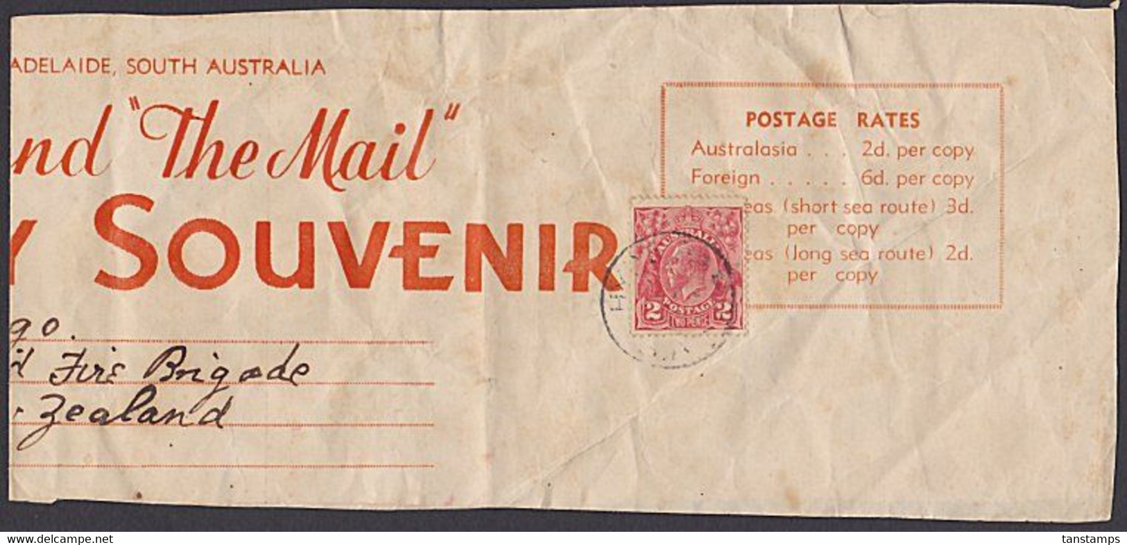 SOUTH AUSTRALIA - NEW ZEALAND KGV 2d LONG SEA ROUTE NEWSPAPER RATE - Brieven En Documenten