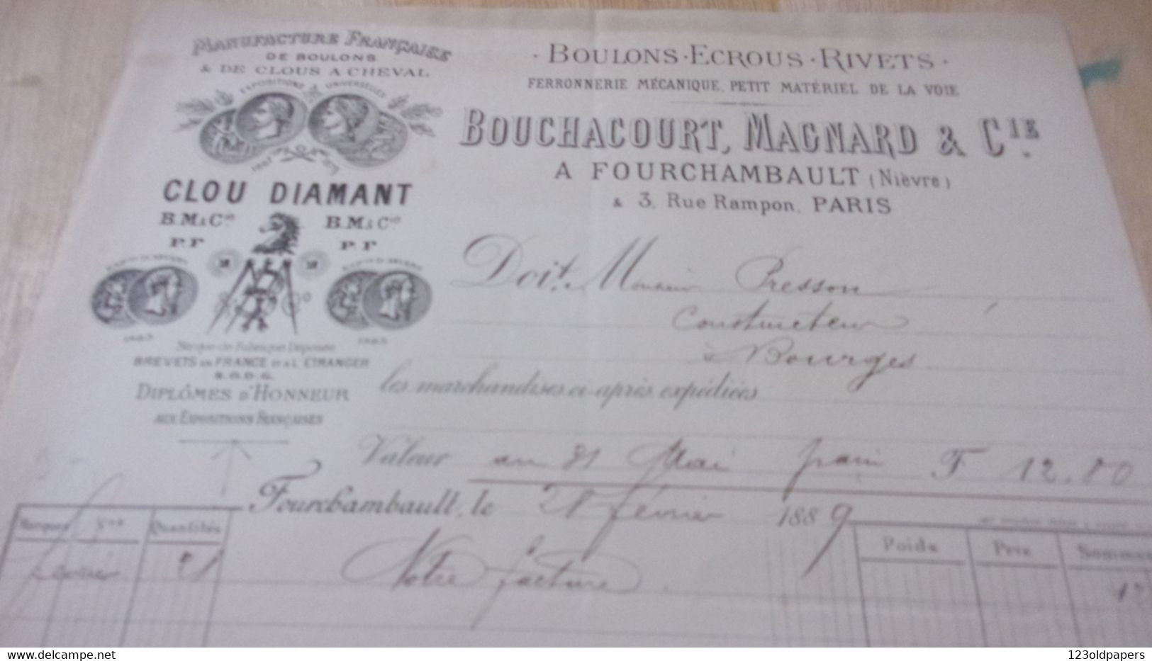 58 NIEVRE  1889 FOURCHAMBAULT BOUCHACOURT MAGNARD BOULONS CLOUS DE CHEVAL MANUFACTURE - 1800 – 1899