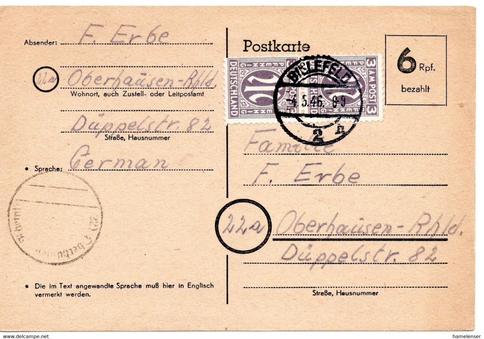 54991 - Bizone - 1946 - 6Pfg AushGAKte M 2@3Pfg AM-Post BIELEFELD -> Oberhausen - Sonstige & Ohne Zuordnung