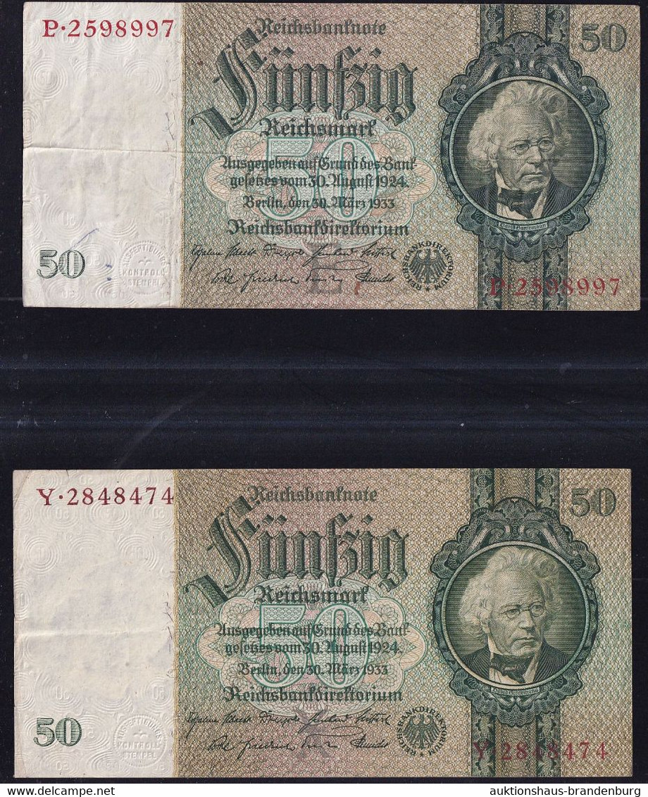 2x 50 Reichsmark 30.3.1933 - Serie E/P + X/Y - 1x Braune KN - Reichsbank (DEU-210) - 50 Mark