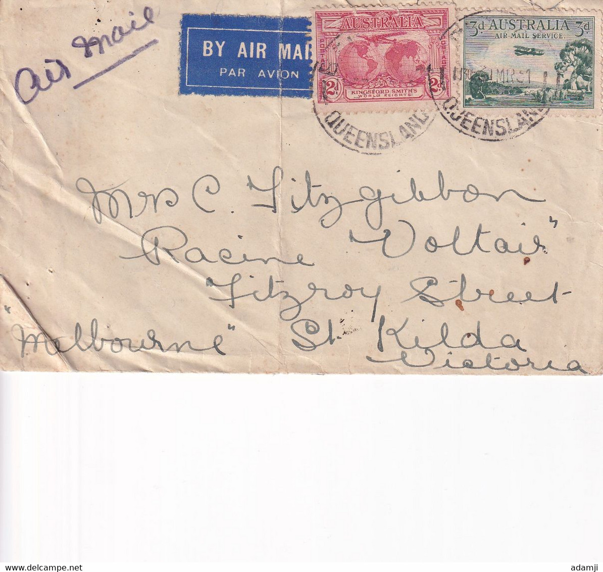 AUSTRALIA 1931 AIR MAIL COVER TO VICTORIA. - Cartas & Documentos