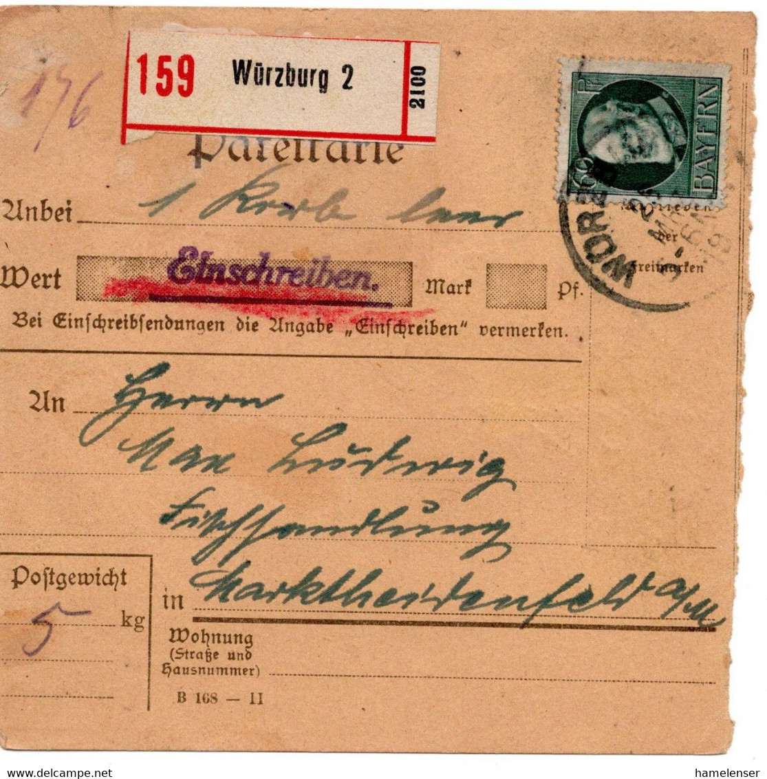 55003 - Altdeutschland / Bayern - 1919 - 60Pfg Luitpold EF A PaketKte WUERZBURG -> Marktheidenfeld - Storia Postale