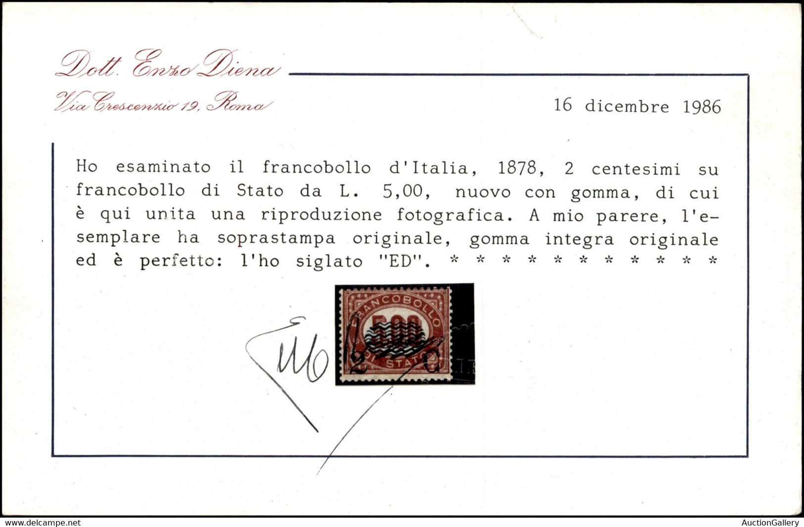 Regno - Vittorio Emanuele II - 1878 - 2 Cent Su 5 Lire Servizio (35) - Gomma Integra - Cert Diena (1250) - Andere & Zonder Classificatie