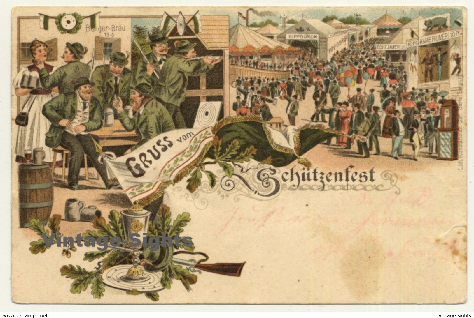 Gruss Vom Schützenfest - Rifle Festival / Burger Bräu (Vintage Postcard Litho 1898) - Waffenschiessen