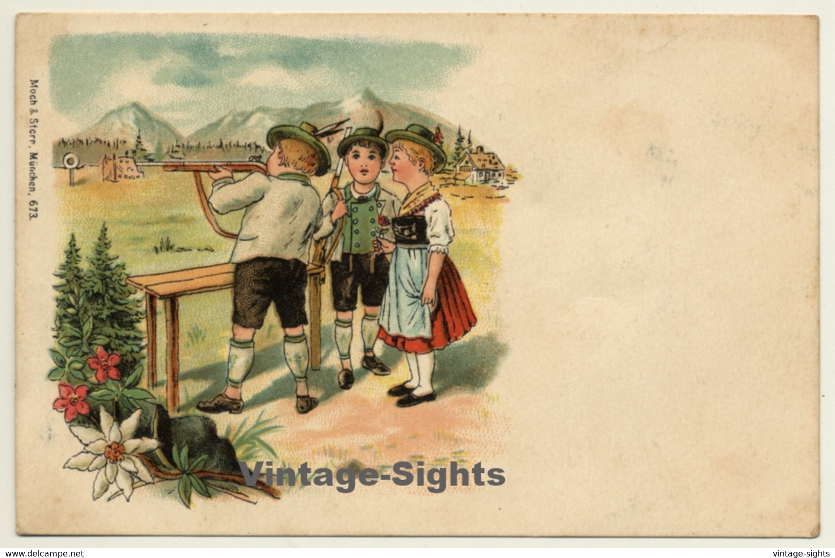 Kids In Bavarian Costumes / Air Rifle - Aunt Sally (Vintage Postcard Litho ~1900s) - Tiro (armas)