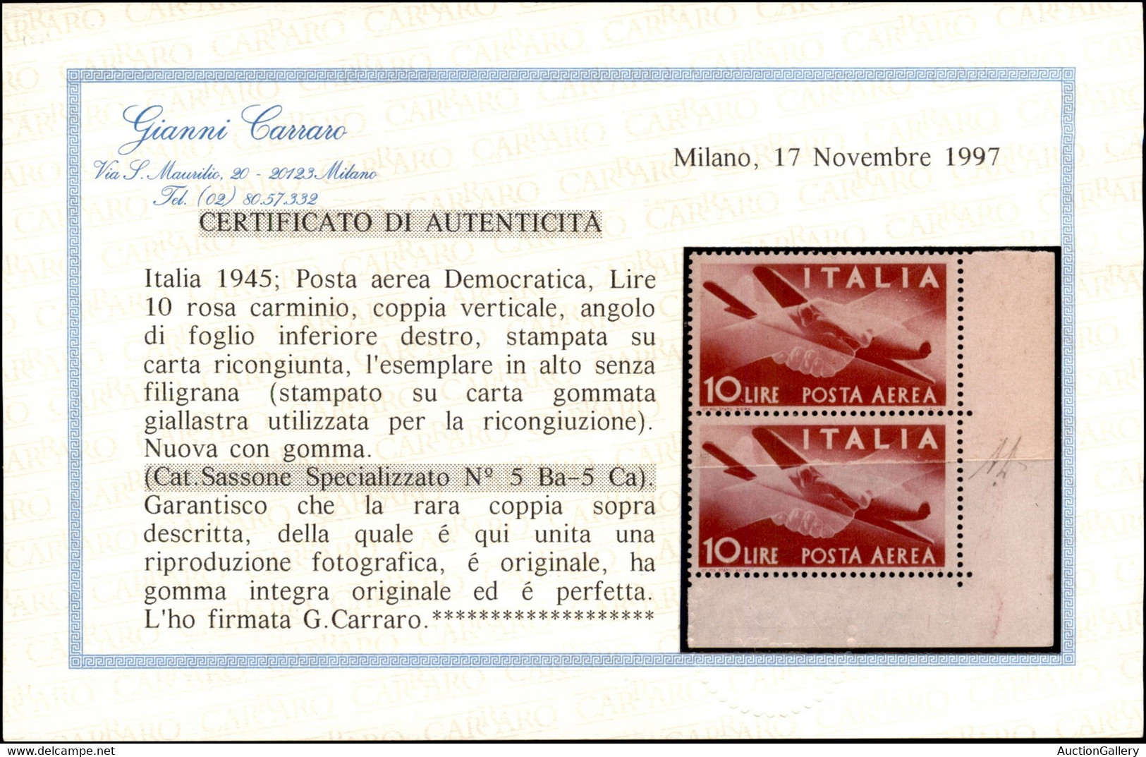 Repubblica - 10 Lire Posta Aerea (130 A/b) - Coppia Verticale Angolare Su Carta Ricongiunta Con Pezzo Superiore Su Carta - Autres & Non Classés