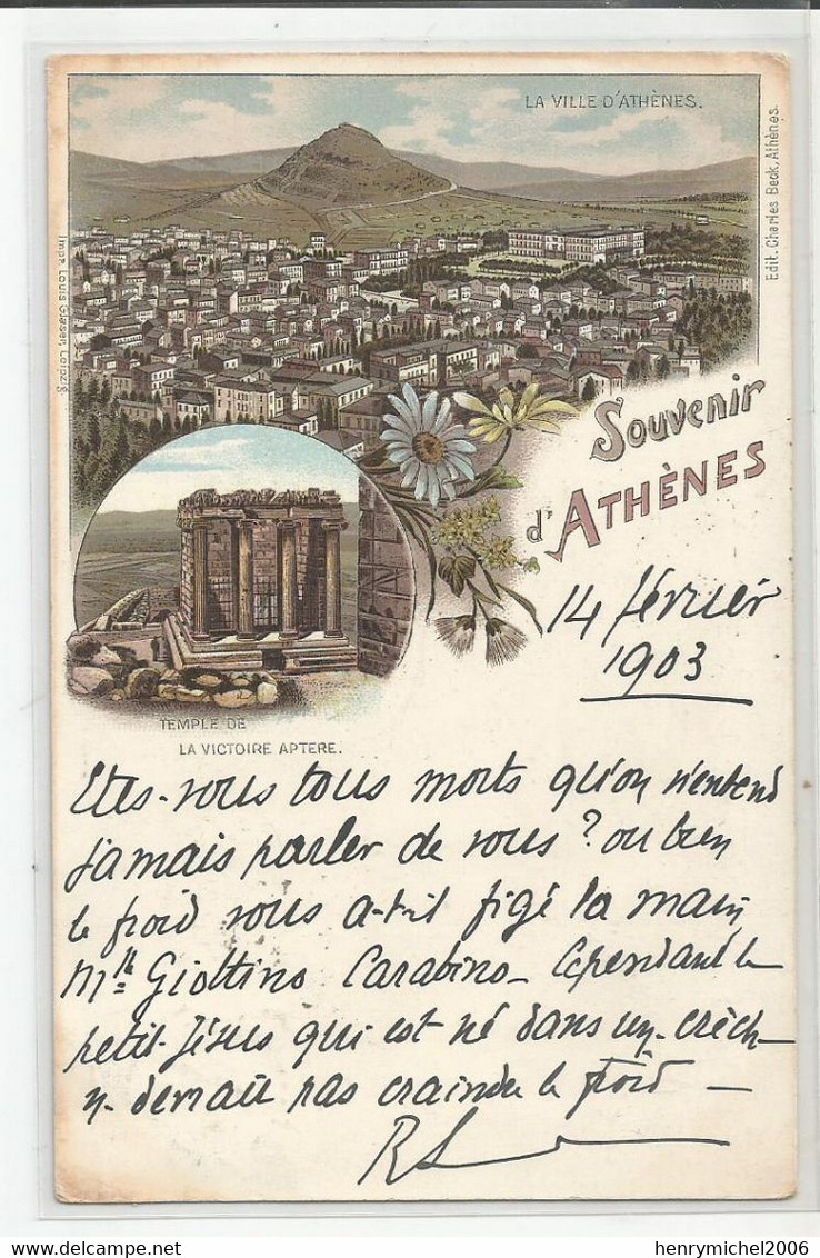 Grèce Greece Souvenir D'athènes  Temple De La Victoire Aptere 1903  Ed Charles Beck Imp .louis Glaser - Griechenland