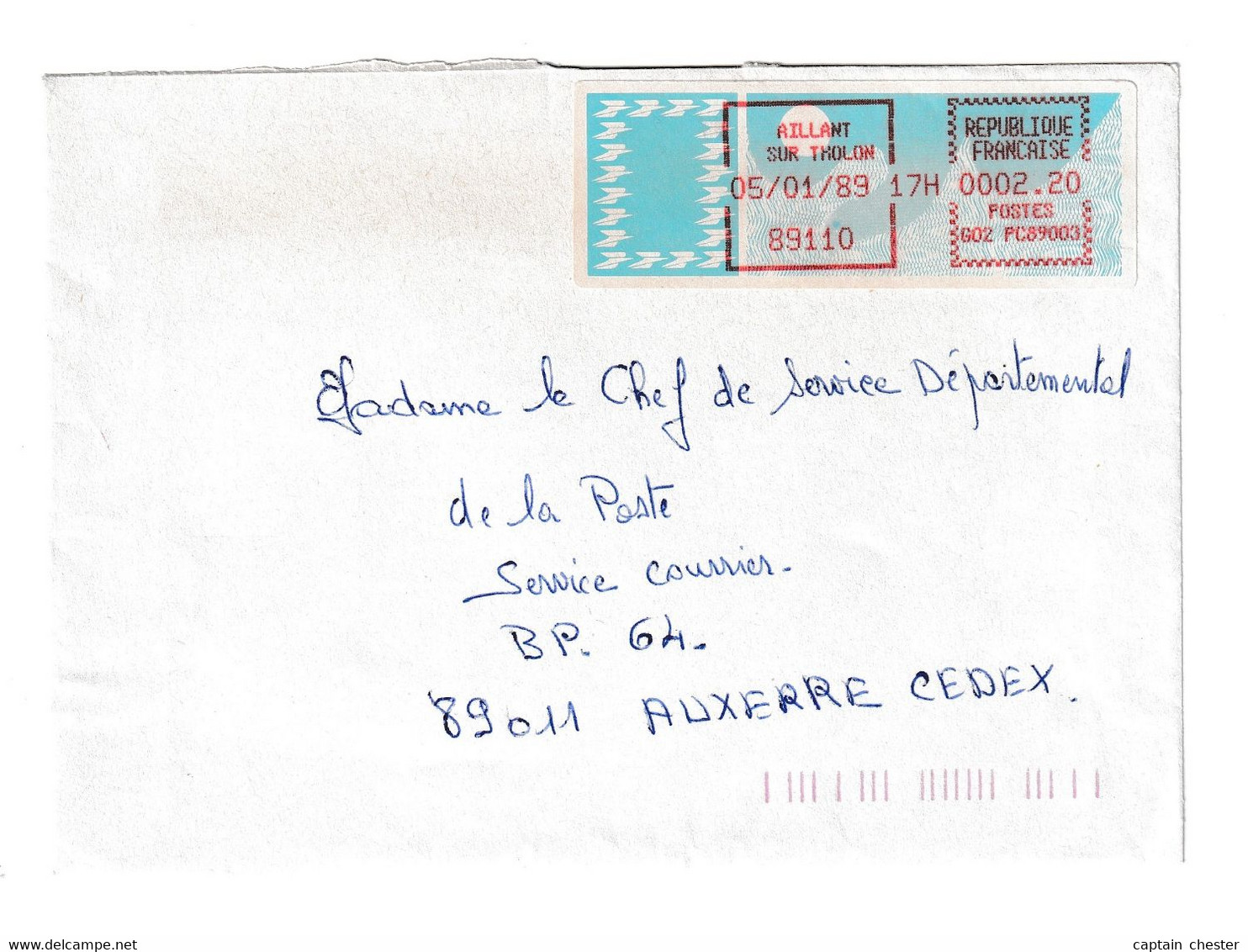 Vignette De Distributeur Type CARRIER 2,20 Fr Sur Enveloppe Datée 05/01/1989 Aillant Sur Tholon Yonne - 1985 « Carrier » Papier