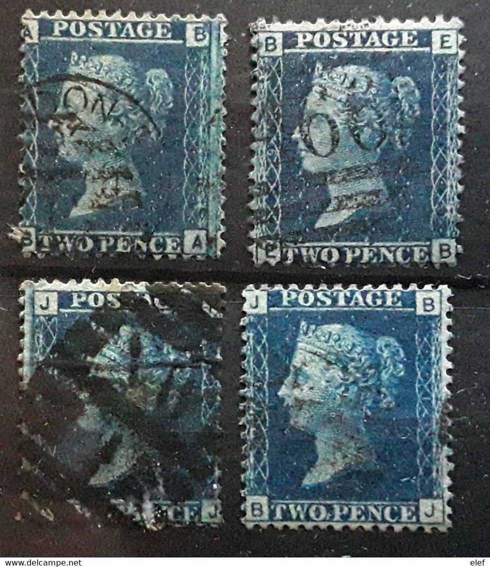 GB VICTORIA 1858 - 1864, Yvert No 27, 2 Pence Bleu, 4 Timbres Avec Planche Plate 9 X2 Nuances, 12, 13 Obl TB Cote 160 E - Used Stamps