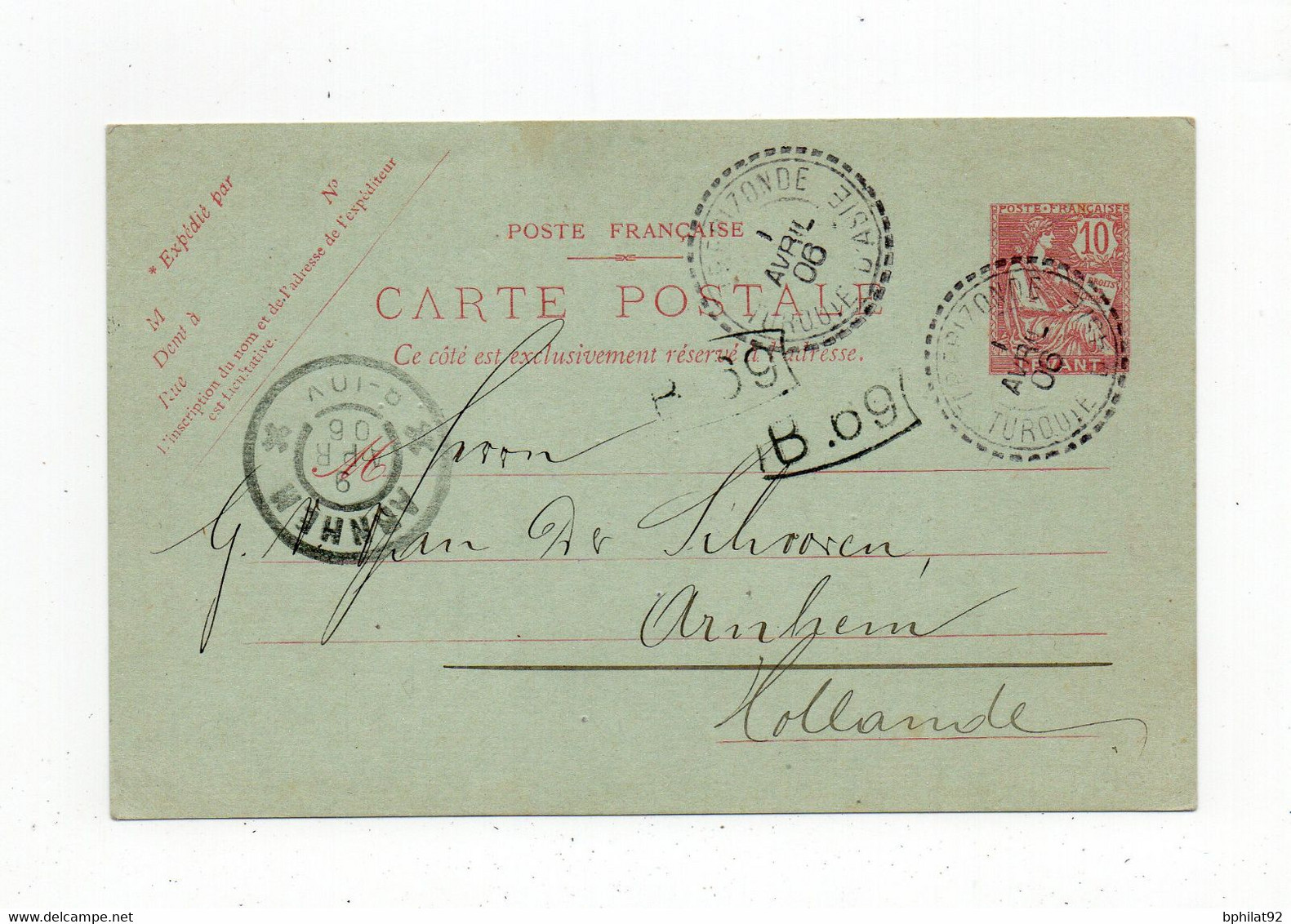 !!! ENTIER POSTAL DU LEVANT POUR LA HOLLANDE, CACHET PERLE DE TREBIZONDE DE 1906 - Storia Postale