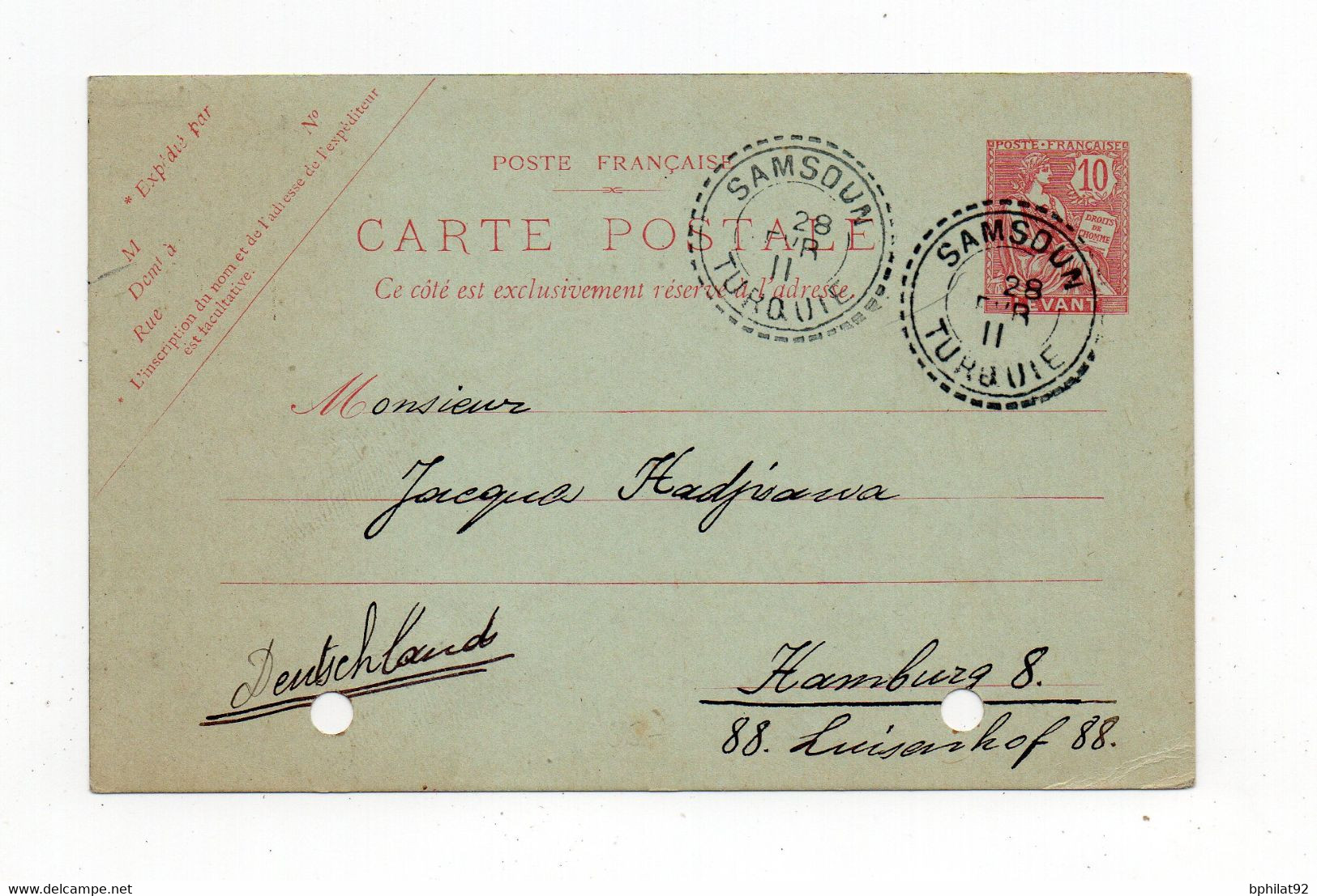 !!! LEVANT, ENTIER POSTAL POUR L'ALLEMAGNE, CACHET PERLE DE SAMSOUN DE 1911. 2 TROUS D'ARCHIVE - Lettres & Documents