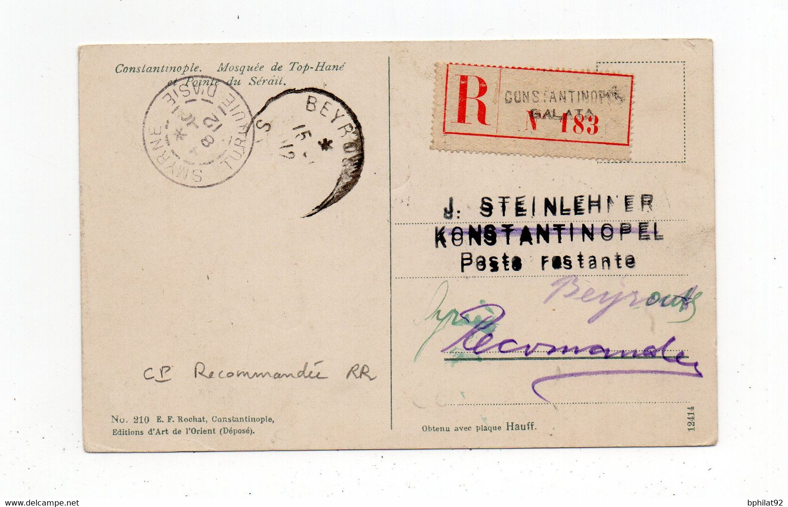 !!! LEVANT, CPA RECOMMANDEE DE CONSTANTINOBLE POUR BEYROUTH DE 1912. AFFRANCH MERSON. RR - Cartas & Documentos