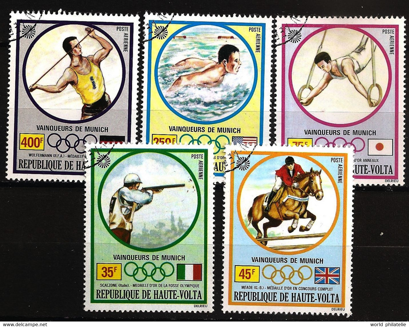Haute Volta 1973 N° PA 120 / 4 O Sport, JO, Munich, Cheval, Tir Au Pigeon, Anneaux, Natation, Javelot, Spitz, Nakayama - Haute-Volta (1958-1984)