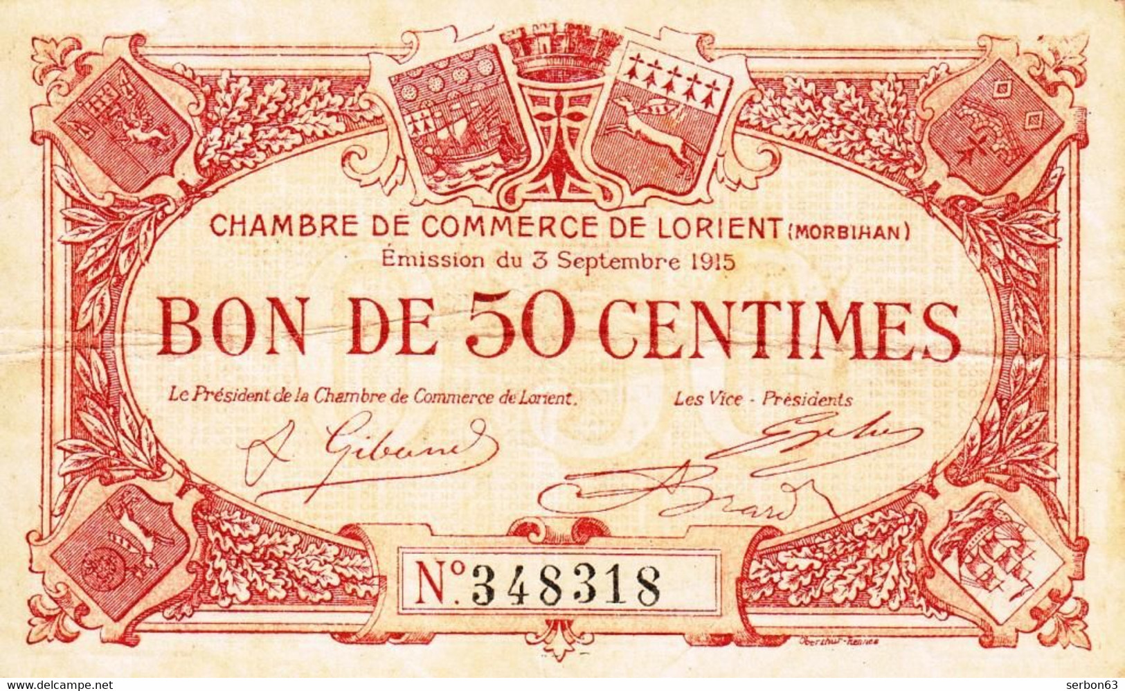 BON - BILLET - MONNAIE - 50 CENTIMES CHAMBRE DE COMMERCE 1915 DE LORIENT MORBIHAN 56000  -  N° 348318 IMPRESSION ROUGE - Cámara De Comercio