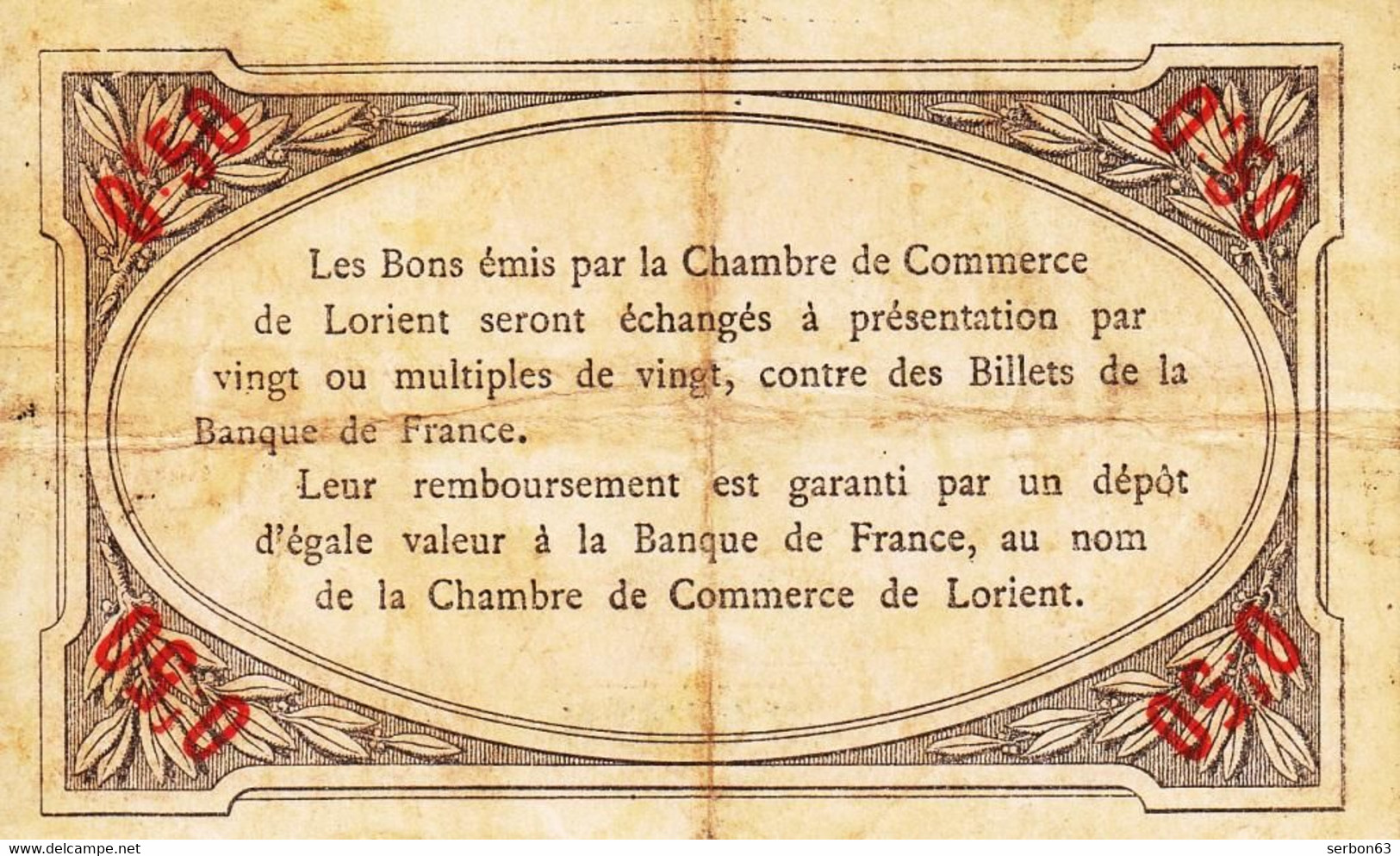 BON - BILLET - MONNAIE - 50 CENTIMES CHAMBRE DE COMMERCE 1915 DE LORIENT MORBIHAN 56000  -  N° 348318 IMPRESSION ROUGE - Cámara De Comercio