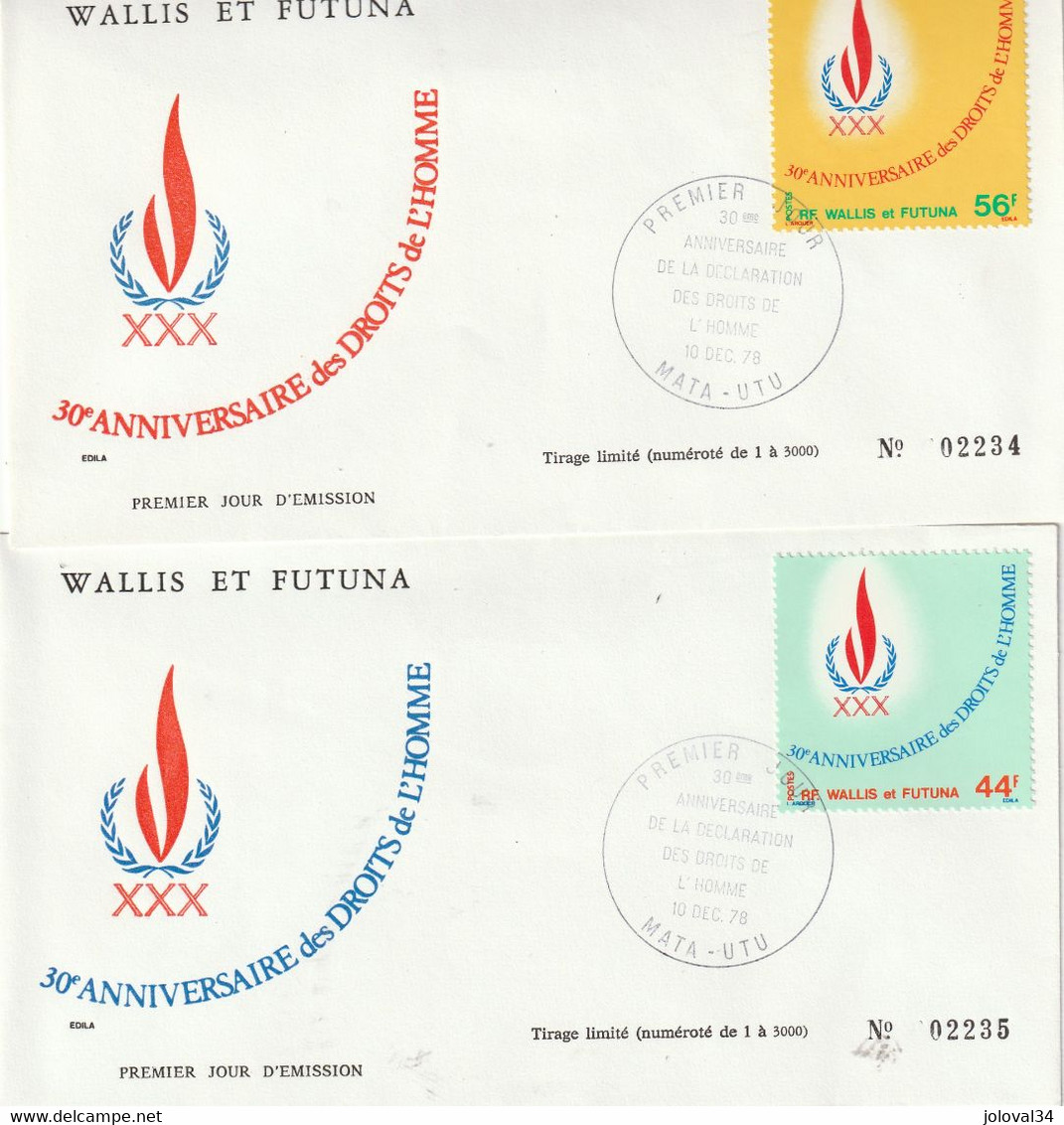 WALLIS Et FUTUNA 1978 FDC Yvert 224 Et 225  - Droits De L' Homme - Lettres & Documents