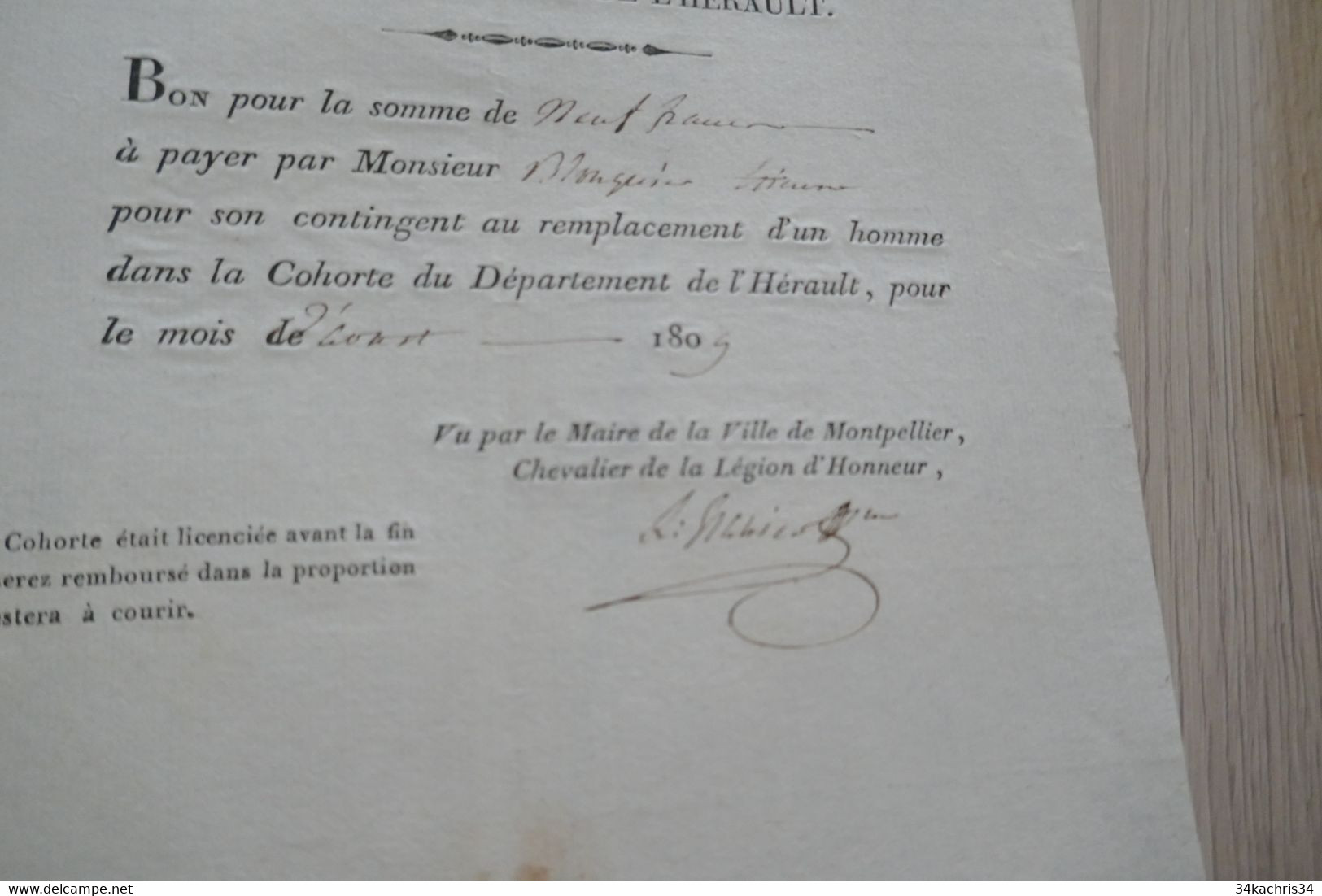 Cohorte Du Département De L'Hérult Montpellier 189 Bon Pour à Payer Noguières Autographe Granier - Documents