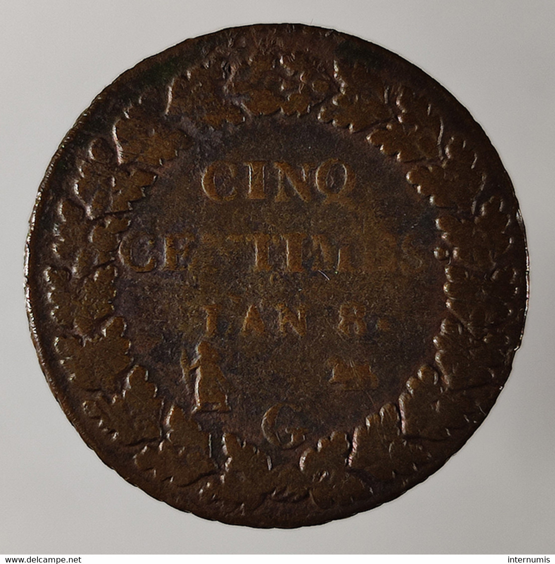 France 5 Centimes Cuivre (Copper) République An (Year)8 G  Geneve/Geneva  TB (VF) KM#640.6/G.126a/F.115/85 - 5 Centimes
