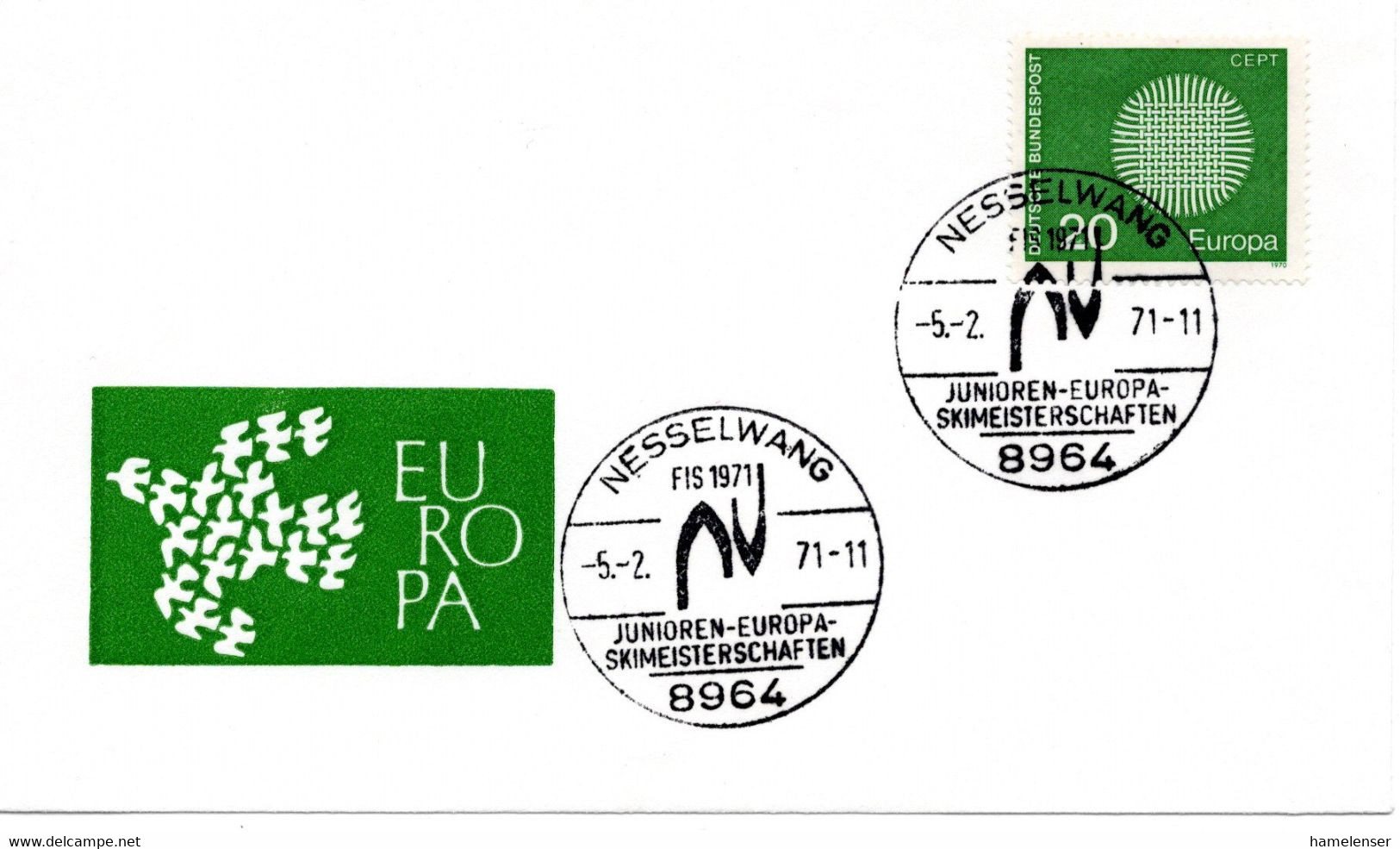 55047 - Bund - 1971 - 20Pfg CEPT '70 EF A Umschlag SoStpl NESSELWANG - JUNIOREN-EUROPA-SKIMEISTERSCHAFTEN - Sci