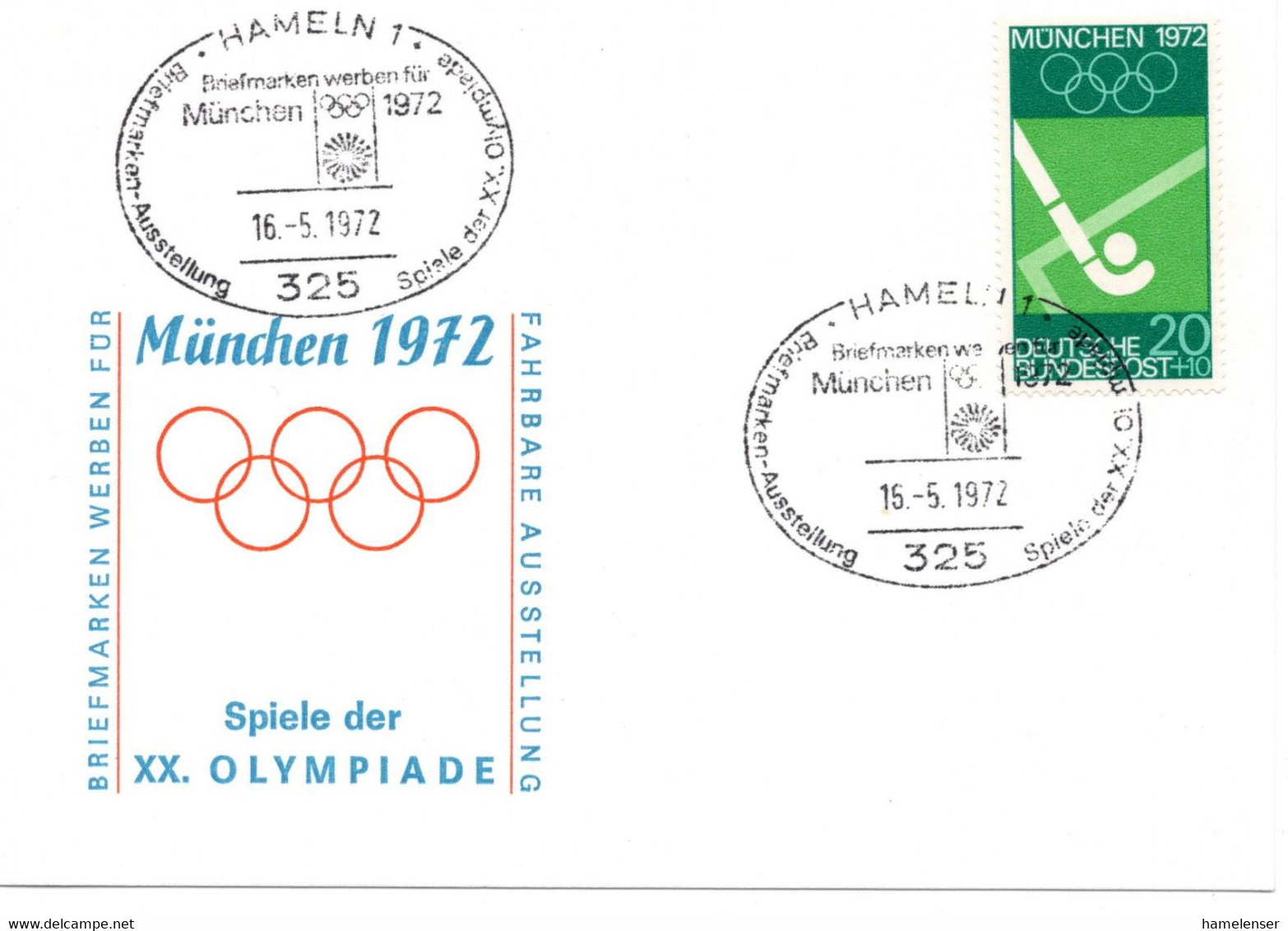 55048 - Bund - 1972 - 20Pfg Olympiade '72 EF A SoKte SoStpl HAMELN - BRIEFMARKEN WERBEN FUER MUENCHEN 1972 - Sommer 1972: München