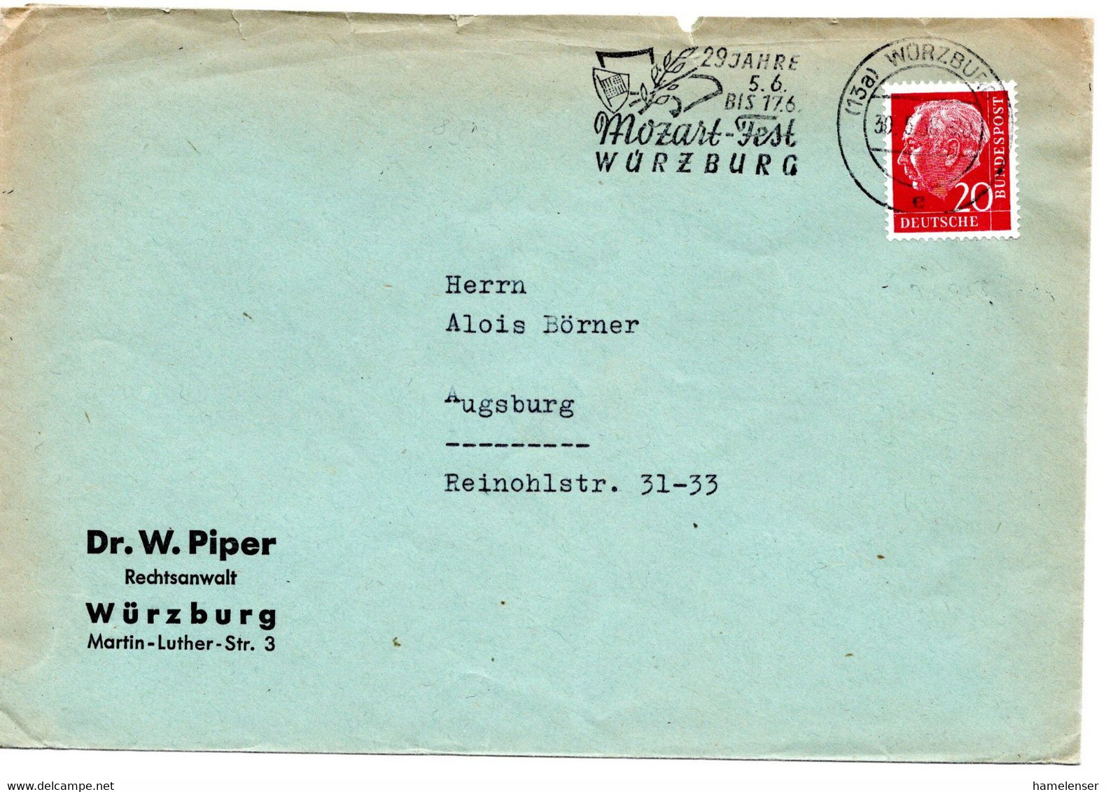 55051 - Bund - 1958 - 20Pfg Heuss I EF A Bf WUERZBURG - 29 JAHRE ... MOZART-FEST -> Augsburg - Musica