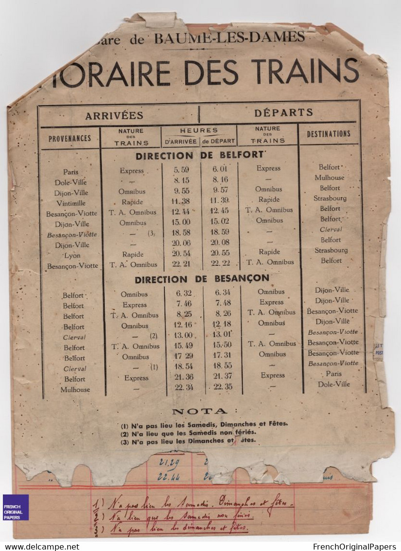 Gare De Baume Des Dames Doubs Epreuve Imprimerie Baumoise 1940 Horaire Train SNCF PLM Belfort Besançon Doubs E2-1 - Publicidad